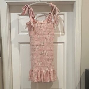 LoveShackFancy Pink Floral Mini Dress with tie straps